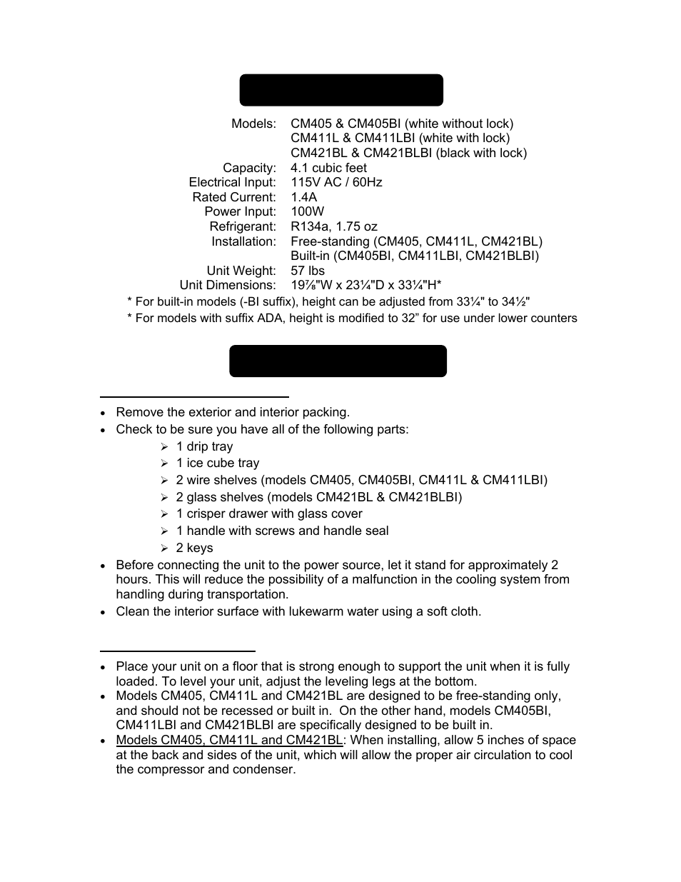 Technical information, Installation instructions | Summit CM421BLBI User Manual | Page 5 / 12