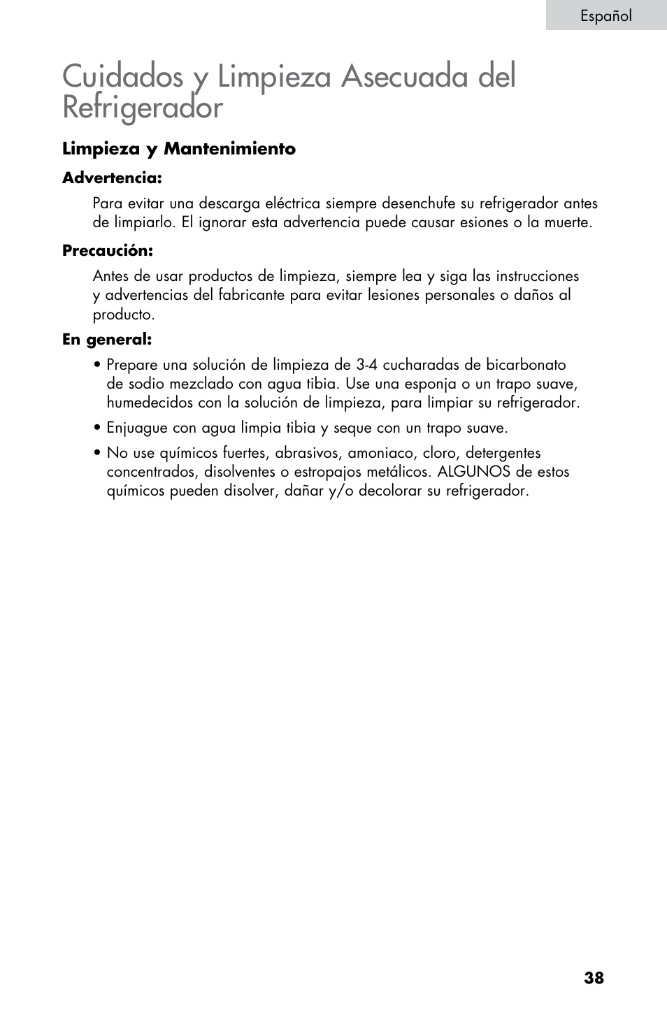 Cuidados y limpieza asecuada del refrigerador | Summit CM420ESBL User Manual | Page 39 / 44