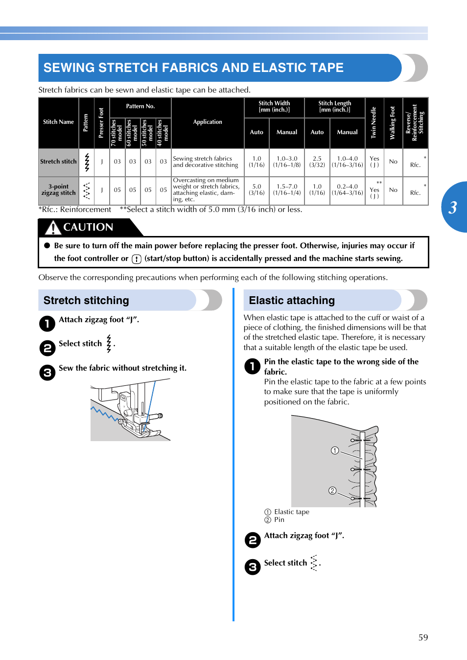Sewing stretch fabrics and elastic tape, Stretch stitching, Elastic attaching | Caution | Brother V61 User Manual | Page 61 / 100