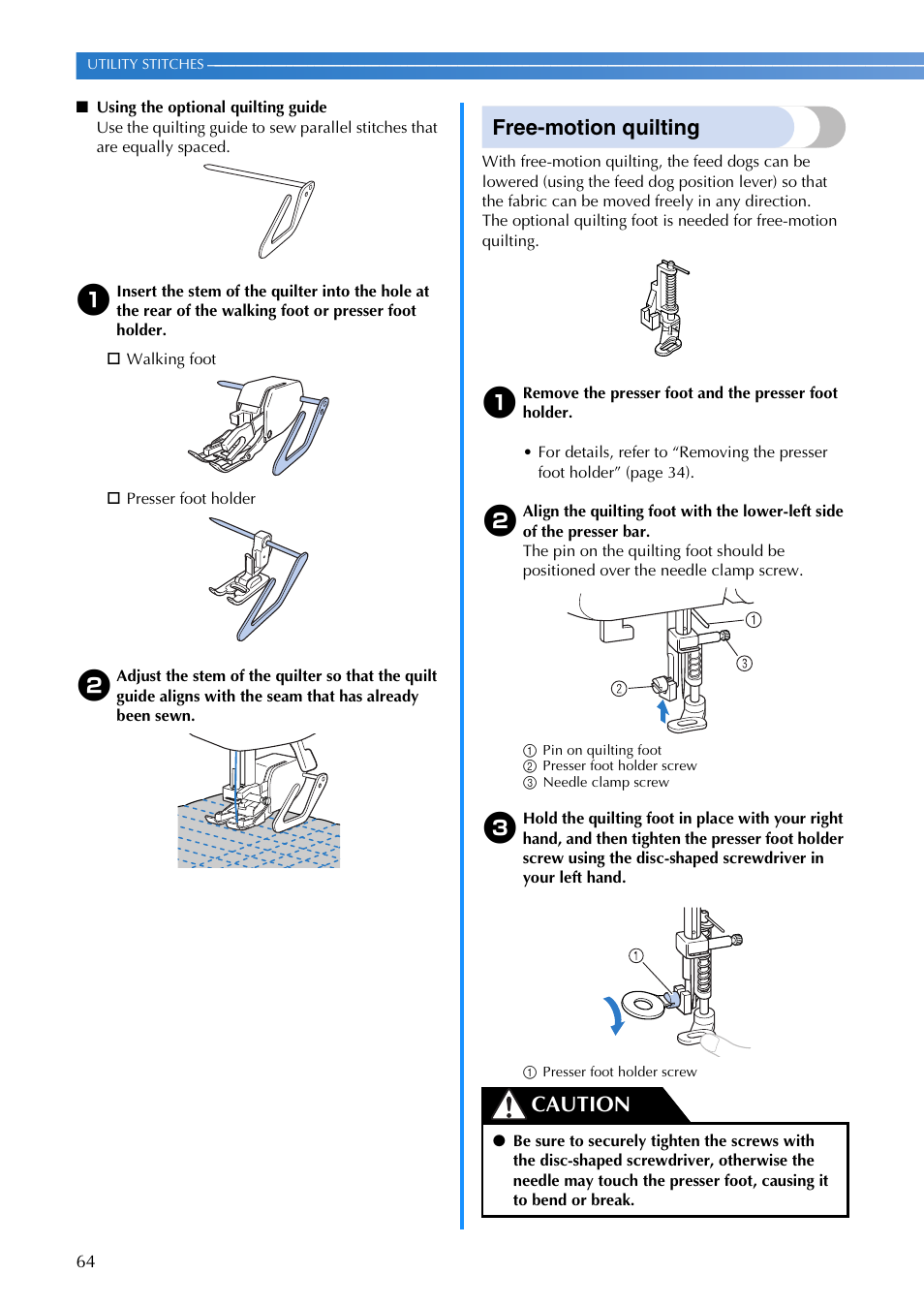Free-motion quilting, Caution | Brother V61 User Manual | Page 66 / 100