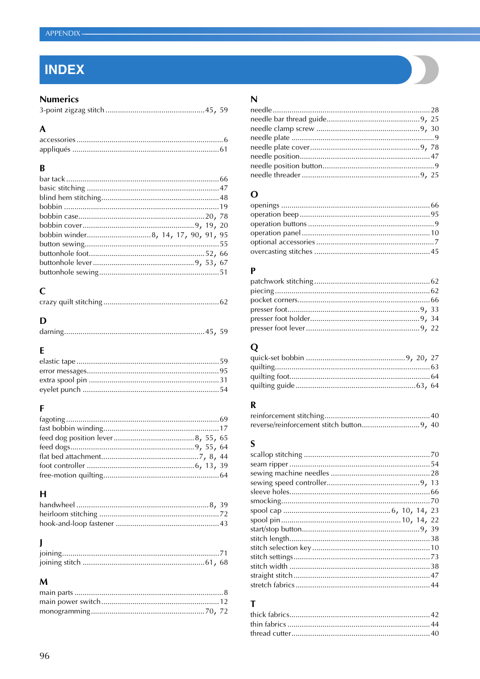 Index | Brother V61 User Manual | Page 98 / 100