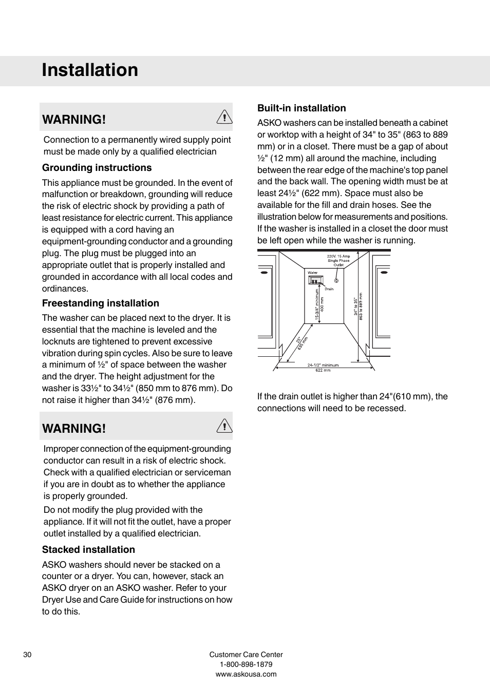 Grounding instructions, Freestanding installation, Stacked installation | Built-in installation, Installation, Warning | Summit WMC64P User  Manual User Manual | Page 30 / 36