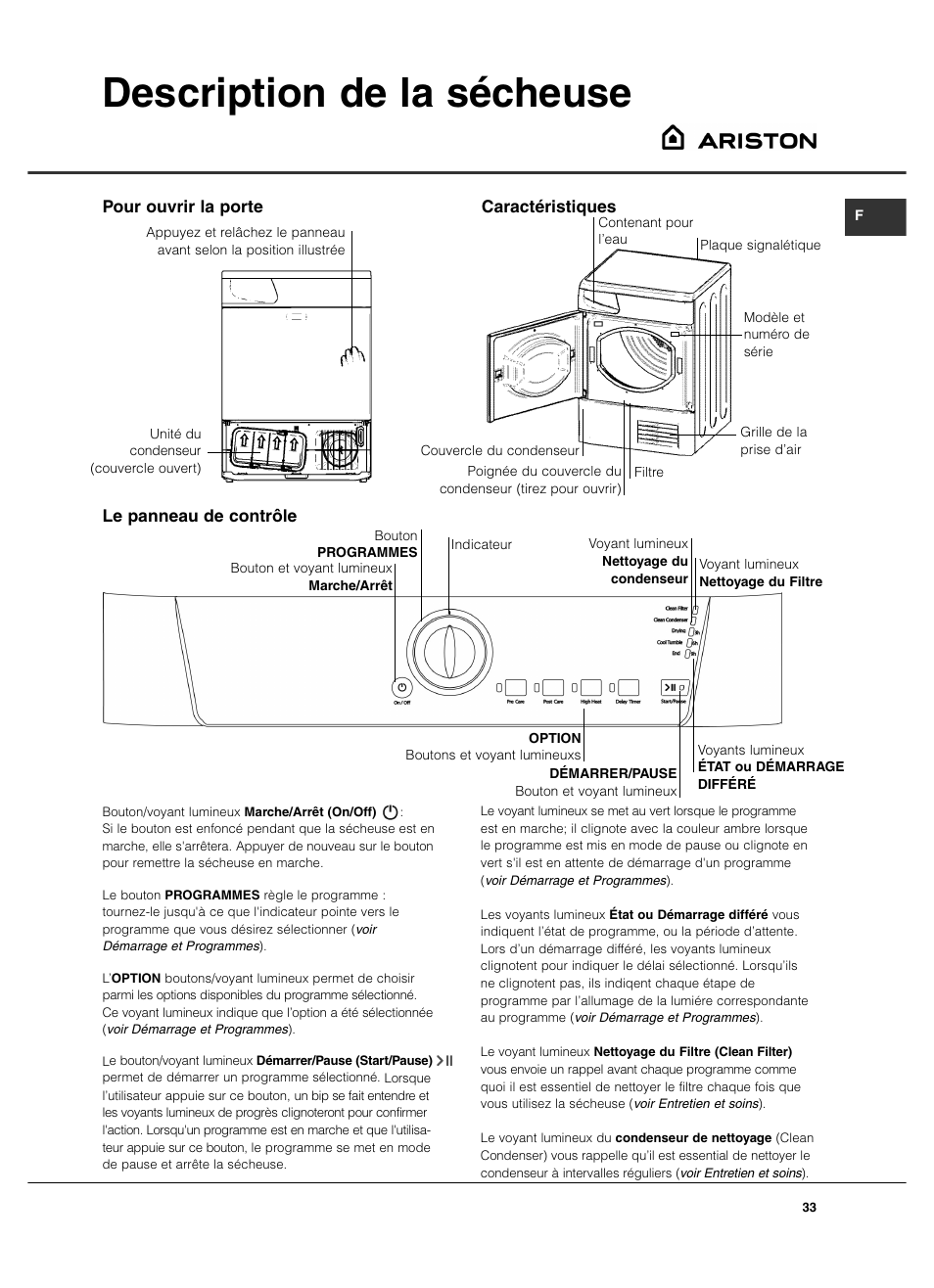 Description de la sécheuse, Le panneau de contrôle, Pour ouvrir la porte caractéristiques | Summit TCL73XNAADA User Manual | Page 33 / 44