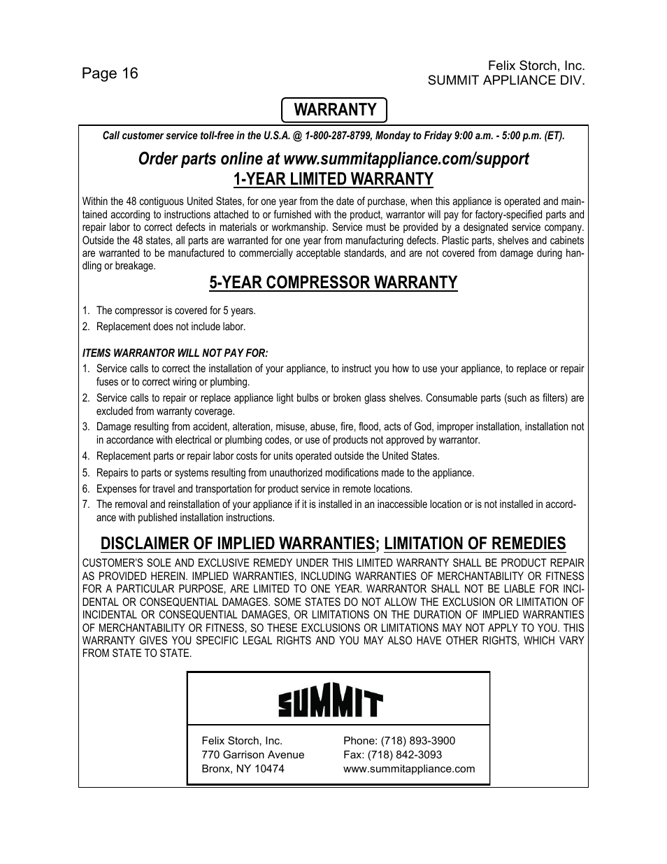 Year compressor warranty, Year limited warranty, Warranty | Page 16 | Summit C48GLASS User Manual | Page 16 / 16