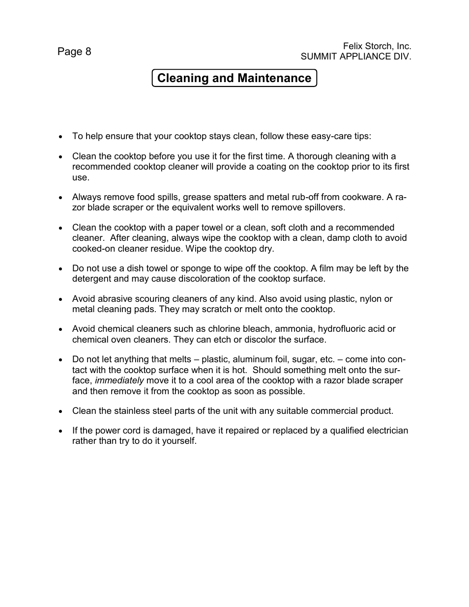 Cleaning and maintenance | Summit C48GLASS User Manual | Page 8 / 16