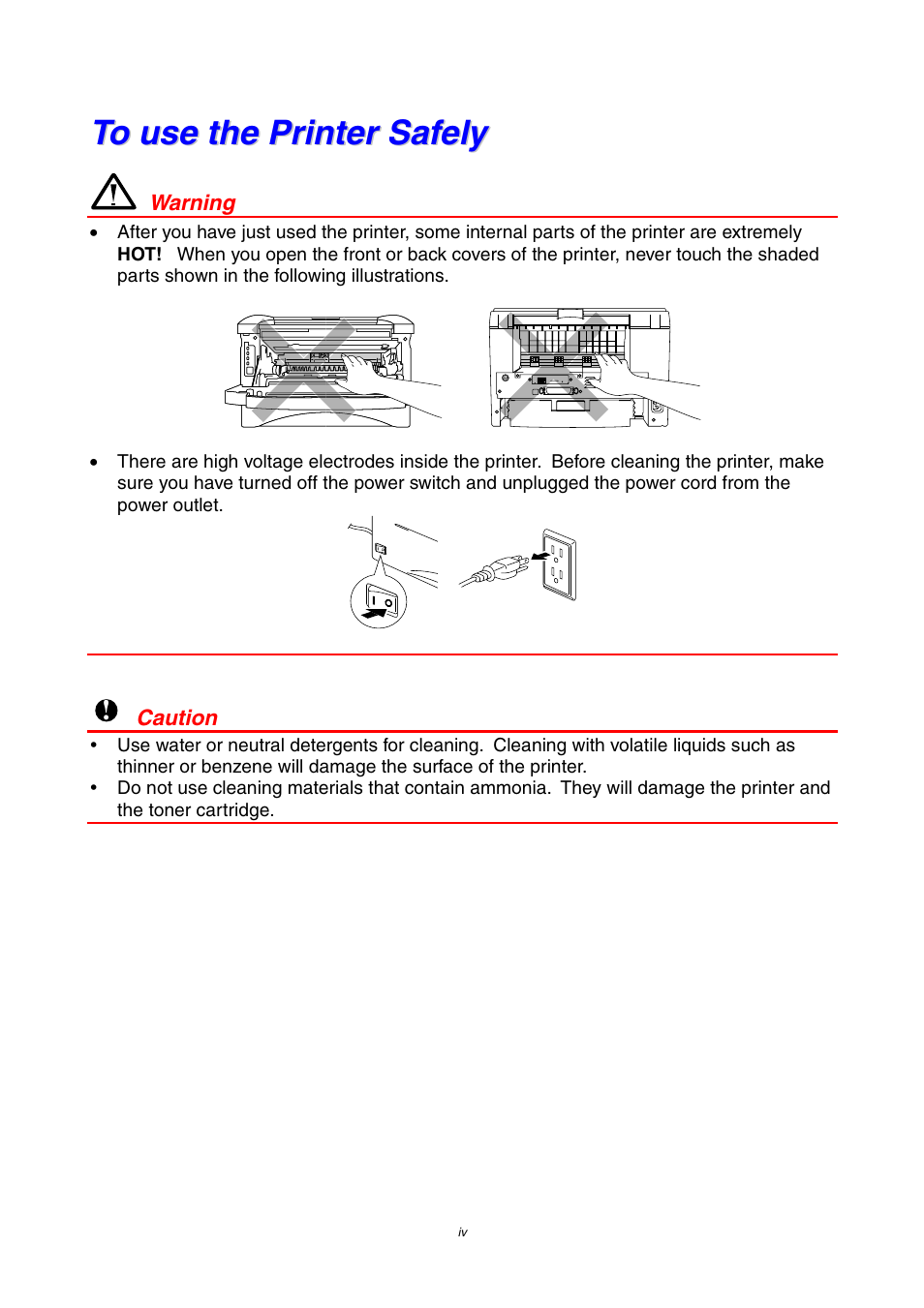 To use the printer safely | Brother HL-1230 EN User Manual | Page 4 / 116