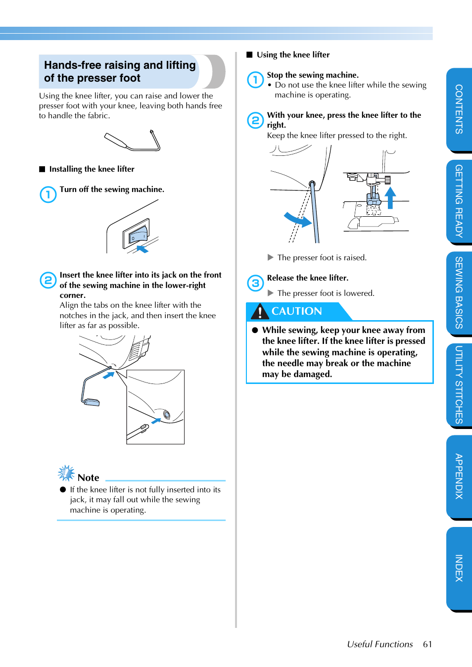 Hands-free raising and lifting of the presser foot, Caution | Brother PC-420 User Manual | Page 67 / 153