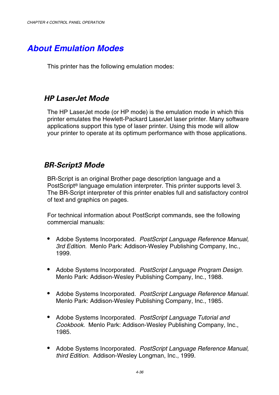 About emulation modes, Hp laserjet mode, Br-script3 mode | Brother HL-3450CN User Manual | Page 109 / 227