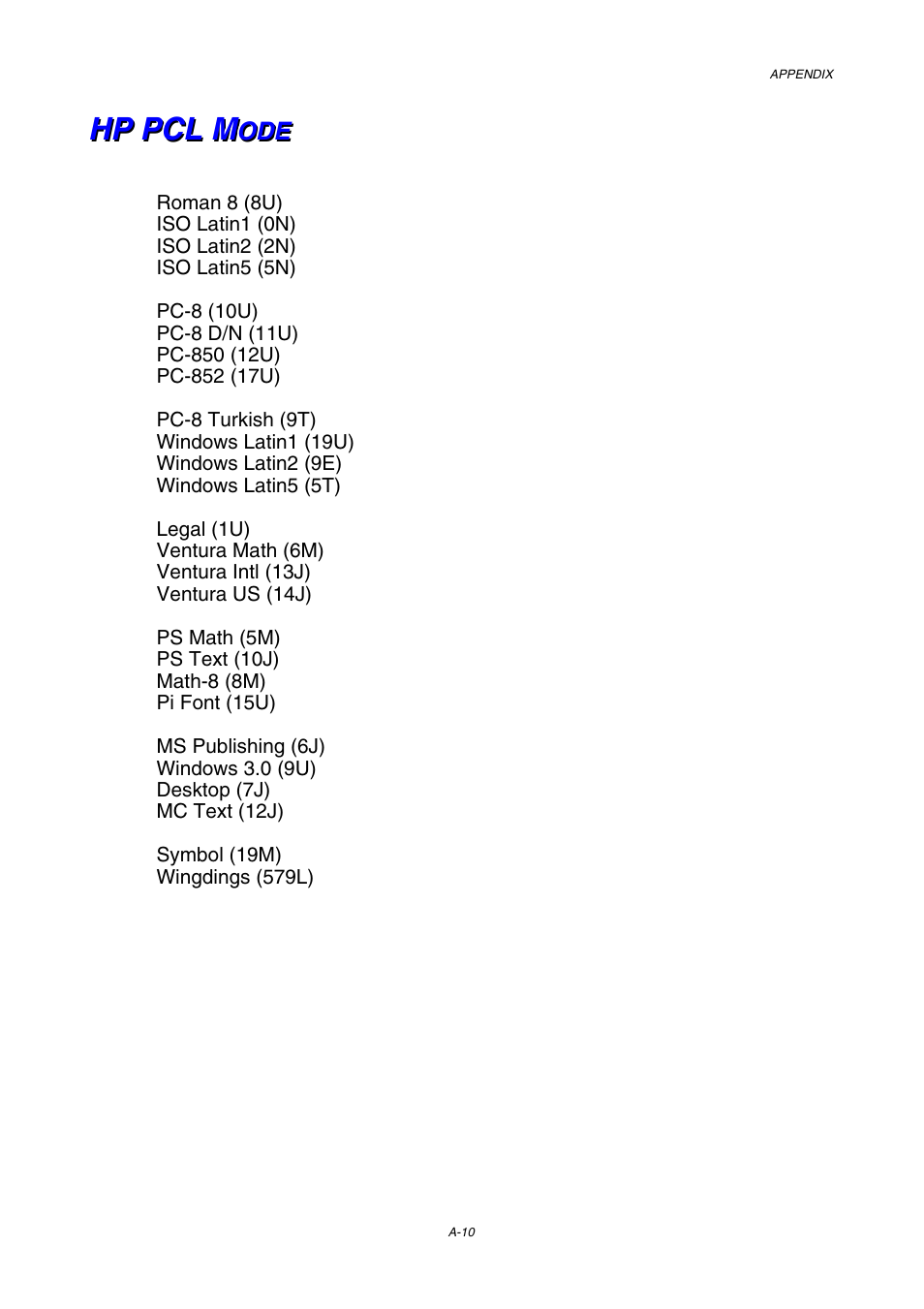 Hp pcl mode, A-10 | Brother HL-3450CN User Manual | Page 217 / 227