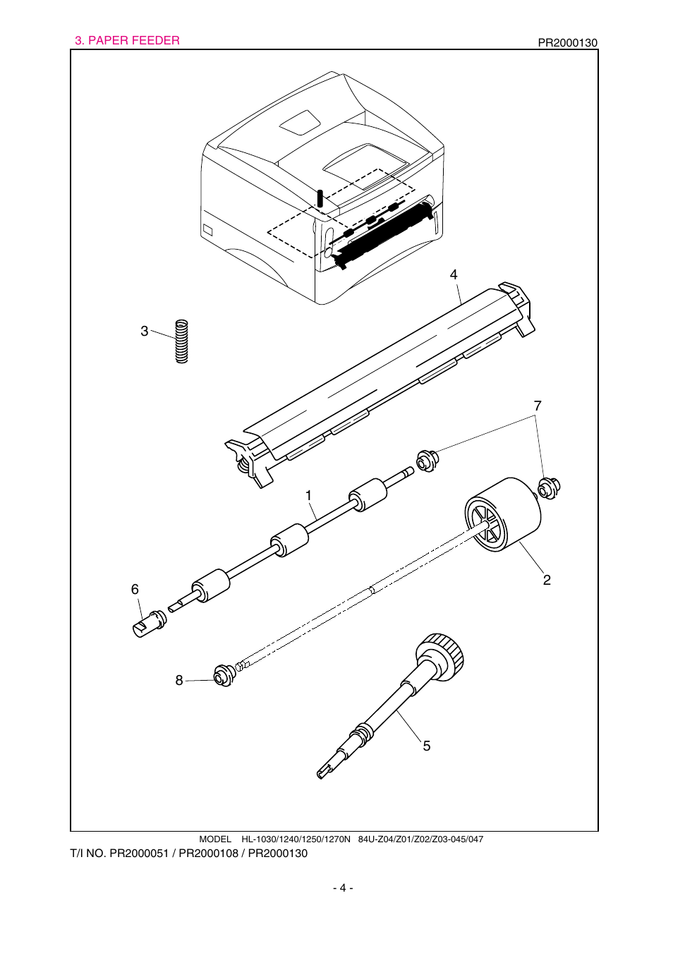 Drawing, Paper feeder, Ref.no | Code, Q'ty, Description, Remark, Ul9060001, 1 paper feed roller assy, Ul9066001 | Brother 1270N User Manual | Page 225 / 243