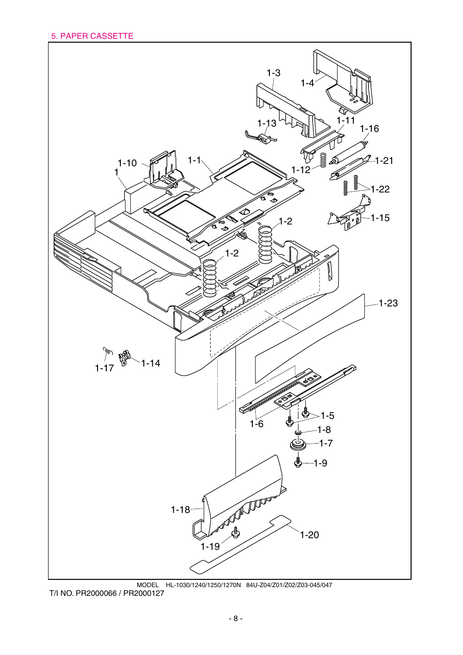 Drawing, Le1162001, 1 paper tray assy, lgl (sp) | Lj4537001, 1 pressure plate assy, lgl, Ul9077001, 2 pressure plate spring, Ul9078001, 1 side guide l, Ul9079001 | Brother 1270N User Manual | Page 230 / 243