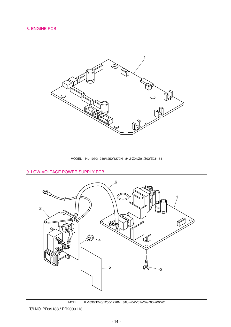 Drawing, Engine pcb assy a, 1240 (sp), Engine pcb assy b, 1030/1240 (sp) | Engine pcb assy a, 1250 (sp), Engine pcb assy b, 1250/1270 (sp), Low-voltage ps assy, 115v (sp), Low-voltage ps assy, 230v (sp), Inlet unit, 115v, Inlet unit, 230v, Taptite, bind s m3x8 | Brother 1270N User Manual | Page 236 / 243