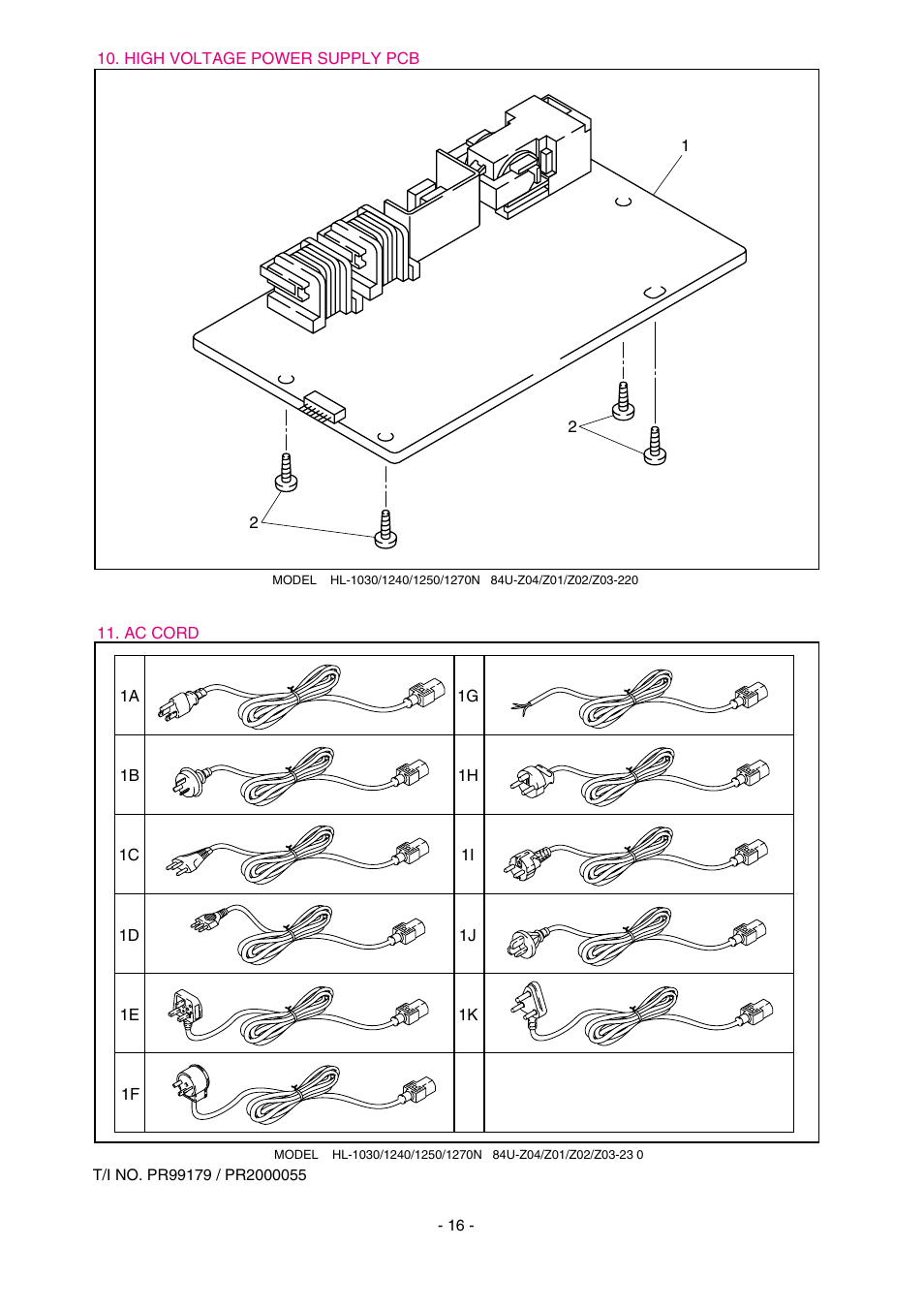 Drawing, Lj4176001, 1 high-voltage ps assy a (sp) | Lj8156001, 1 high-voltage ps assy b (sp), 4 screw bind b tite m4x12, Uh1051001, 1 ac cord, ul/csa, Uk4503001, 1 ac cord assy, saa | Brother 1270N User Manual | Page 238 / 243