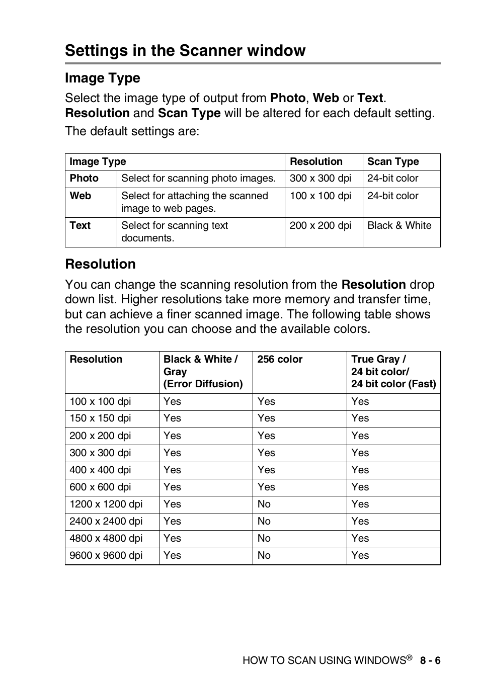 Settings in the scanner window, Image type, Resolution | Settings in the scanner window -6, Image type -6 resolution -6 | Brother DCP-8025D User Manual | Page 122 / 284