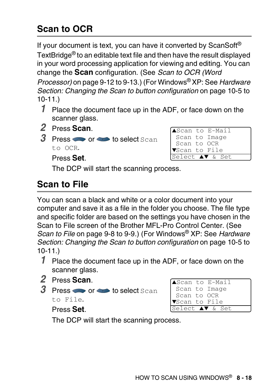 Scan to ocr, Scan to file, Scan to ocr -18 scan to file -18 | Brother DCP-8025D User Manual | Page 134 / 284