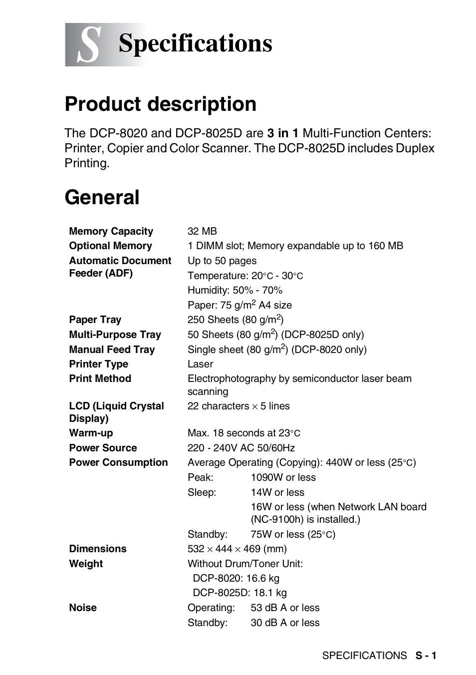 Specifications, Product description, General | Brother DCP-8025D User Manual | Page 274 / 284