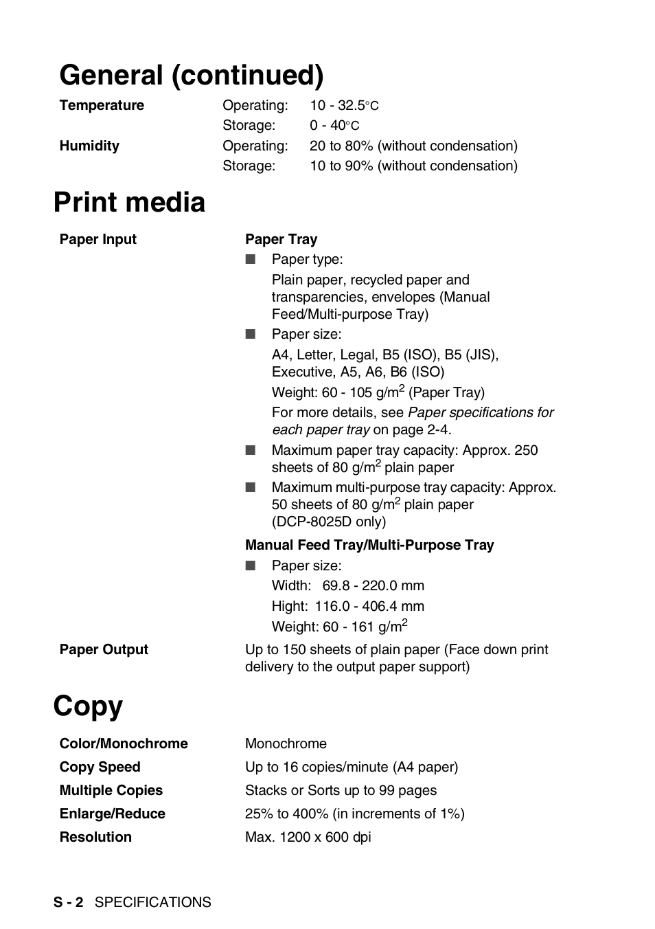 Print media, Copy, Print media copy general (continued) | Brother DCP-8025D User Manual | Page 275 / 284