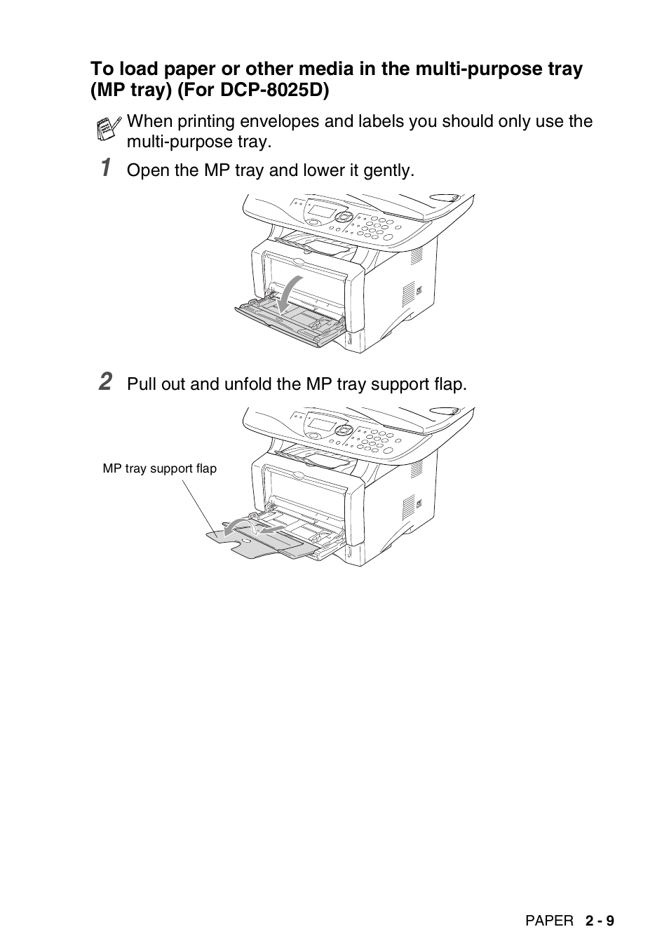 To load paper or other media in the multi-purpose, Tray (mp tray) (for dcp-8025d) -9 | Brother DCP-8025D User Manual | Page 34 / 284