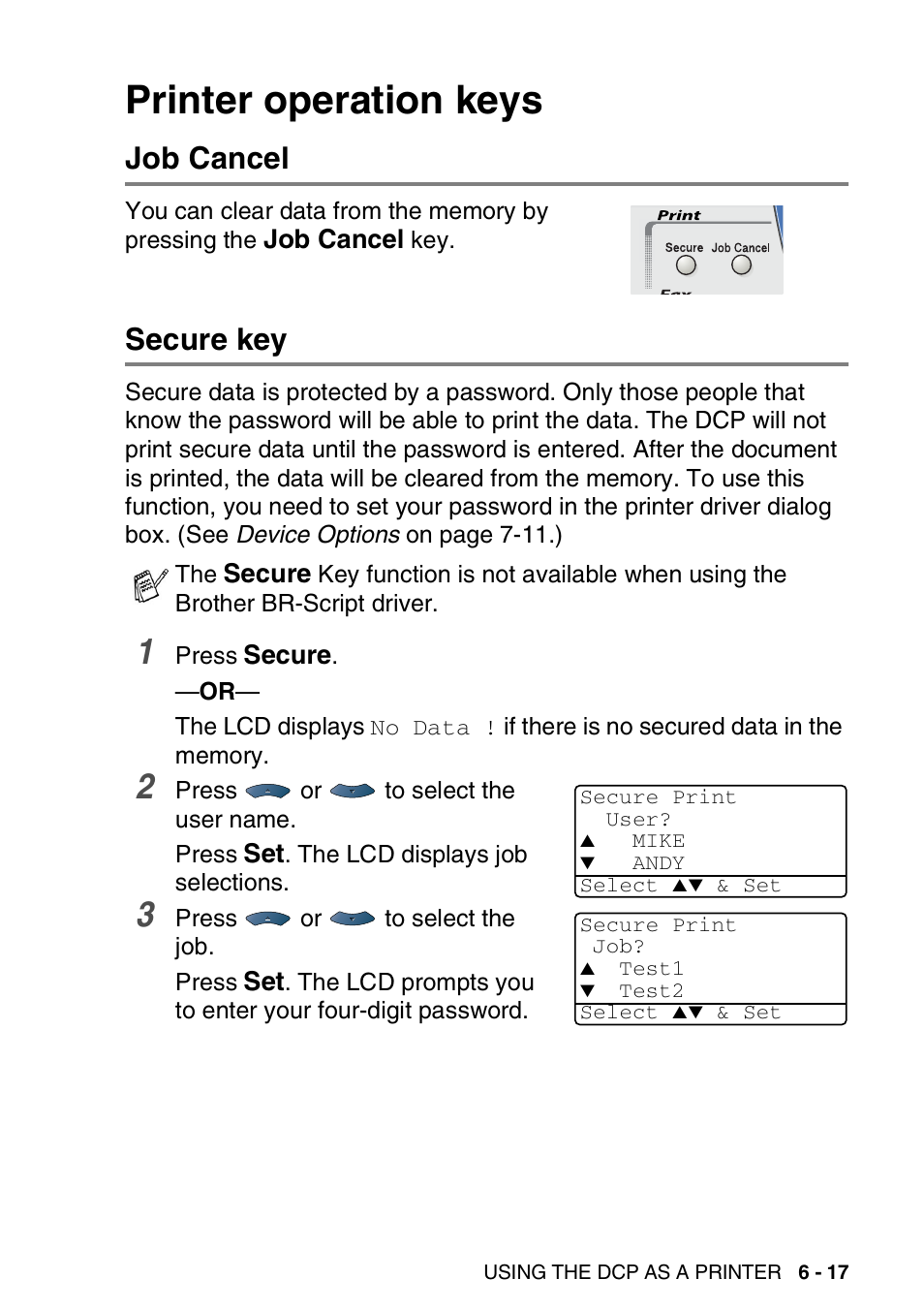 Printer operation keys, Job cancel, Secure key | Printer operation keys -17, Job cancel -17 secure key -17 | Brother DCP-8025D User Manual | Page 92 / 284