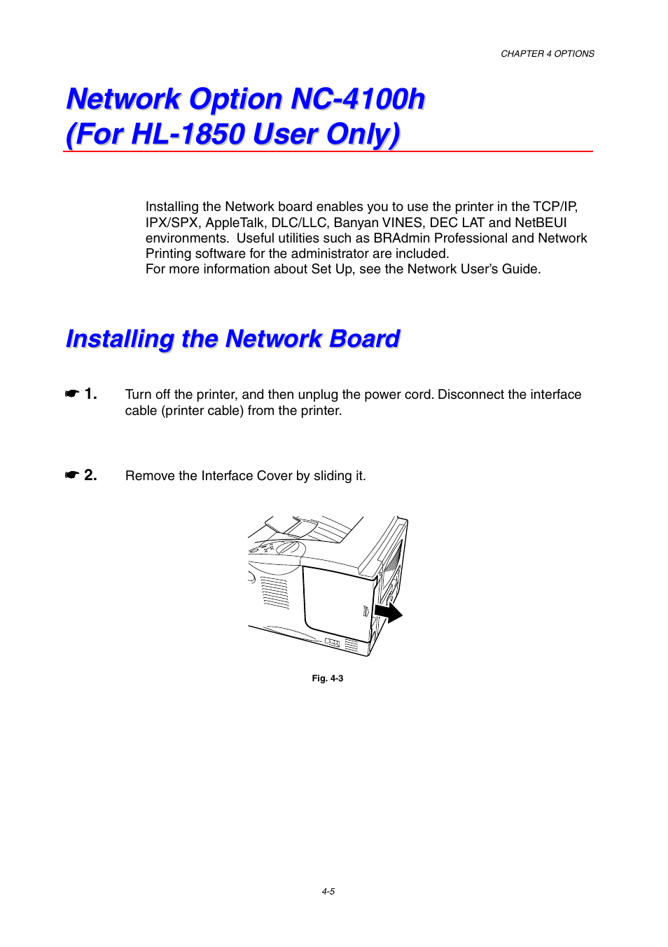 Network option nc-4100h (for hl-1850 user only), Installing the network board, Network option nc-4100h (for hl-1850 user only)4-5 | Installing the network board -5, Please see chapter 4, See network option, In this chapter | Brother HL-1800 series User Manual | Page 108 / 204
