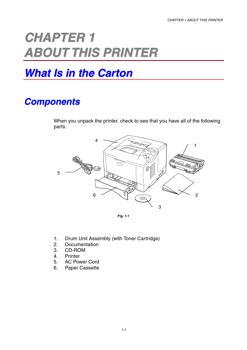 Chapter 1 about this printer, What is in the carton, Components | What is in the carton -1, Components -1 | Brother HL-1800 series User Manual | Page 11 / 204
