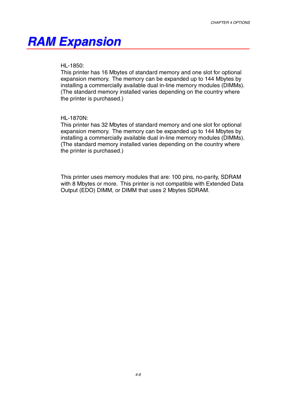 Ram expansion, Ram expansion -9, See ram expansion | In this chapter | Brother HL-1800 series User Manual | Page 112 / 204
