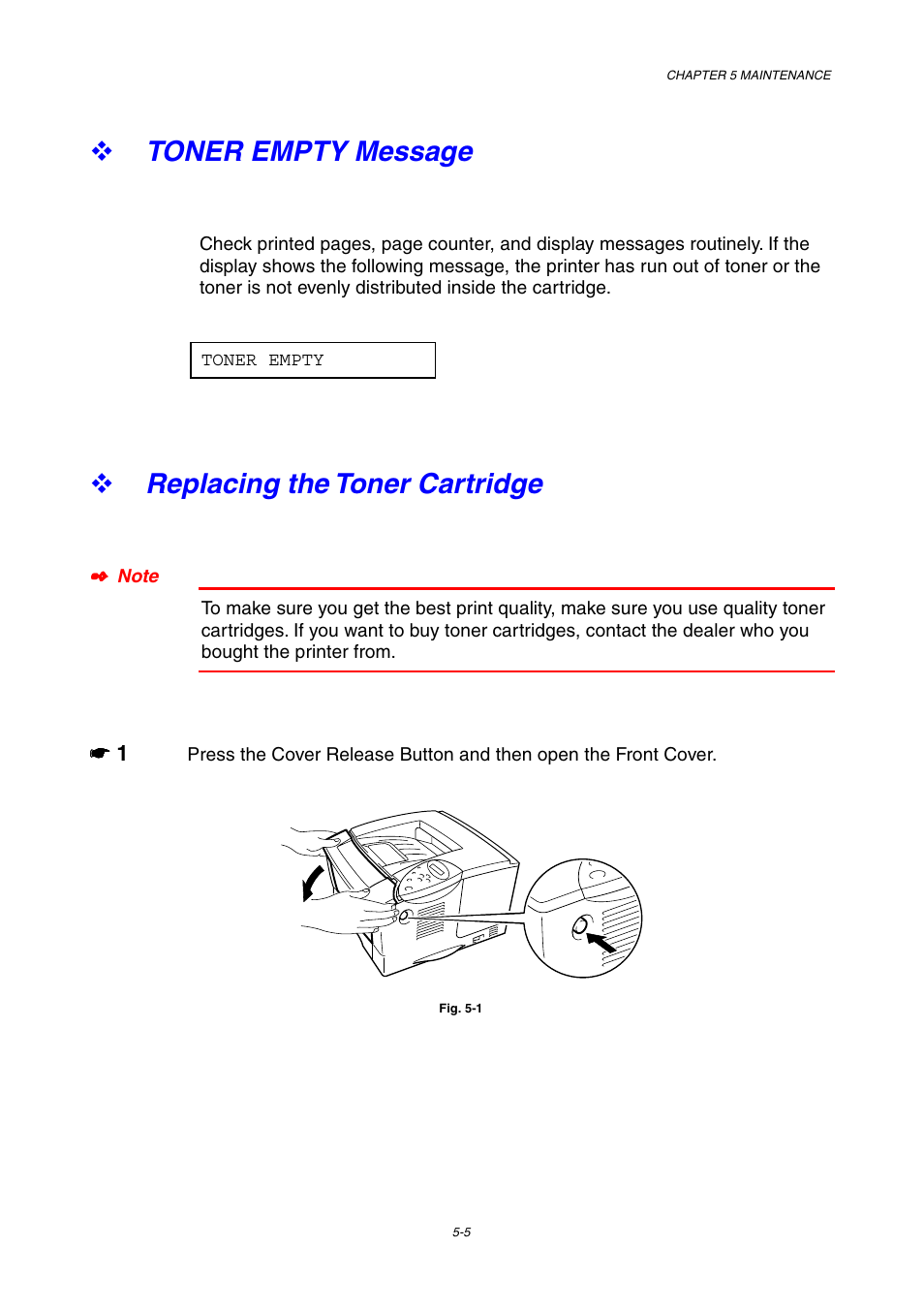 Toner empty message, Replacing the toner cartridge, Toner empty message -5 | Replacing the toner cartridge -5, Refer to, Replacing, The toner cartridge” in this chapter | Brother HL-1800 series User Manual | Page 125 / 204