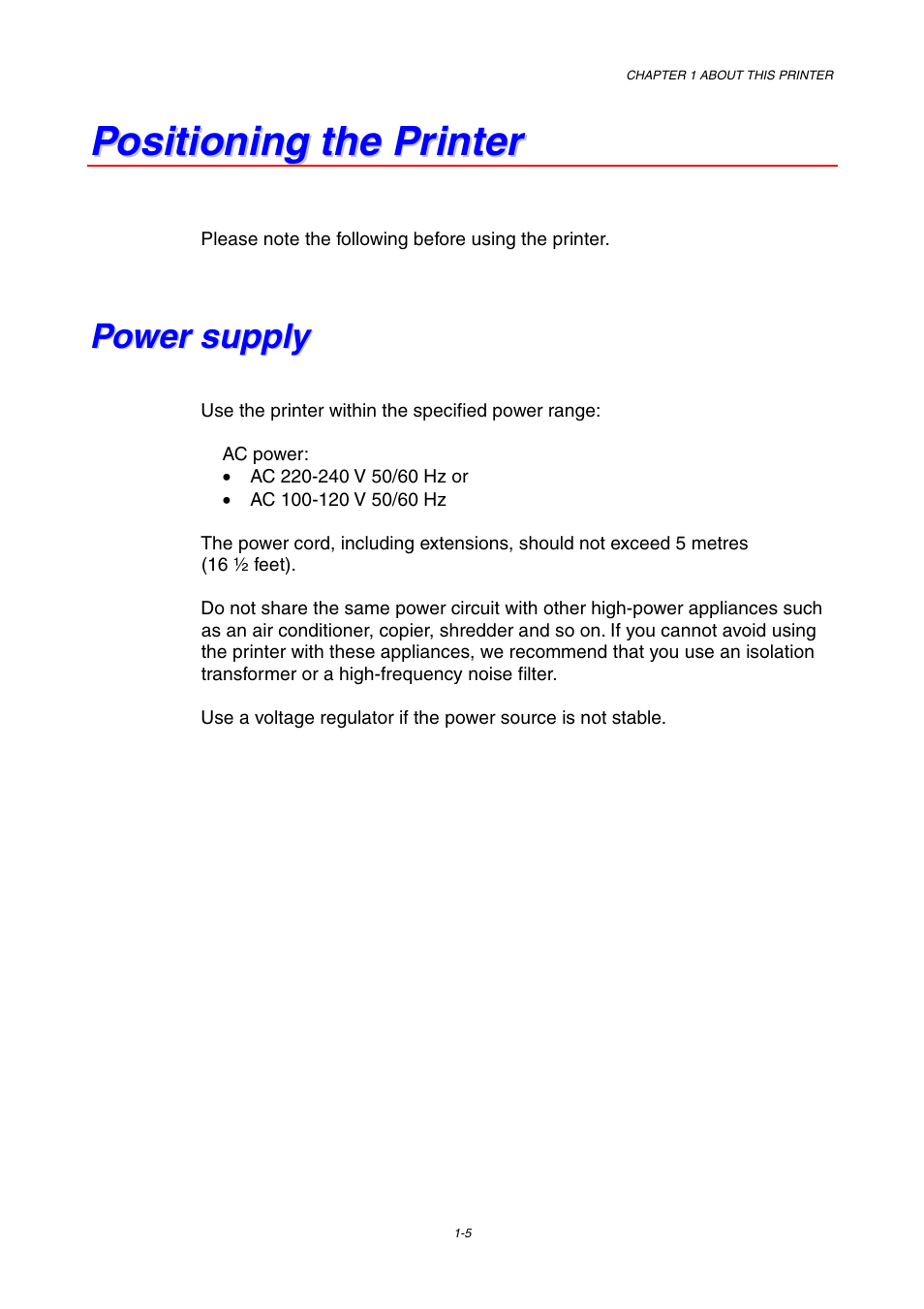 Positioning the printer, Power supply, Positioning the printer -5 | Power supply -5 | Brother HL-1800 series User Manual | Page 15 / 204
