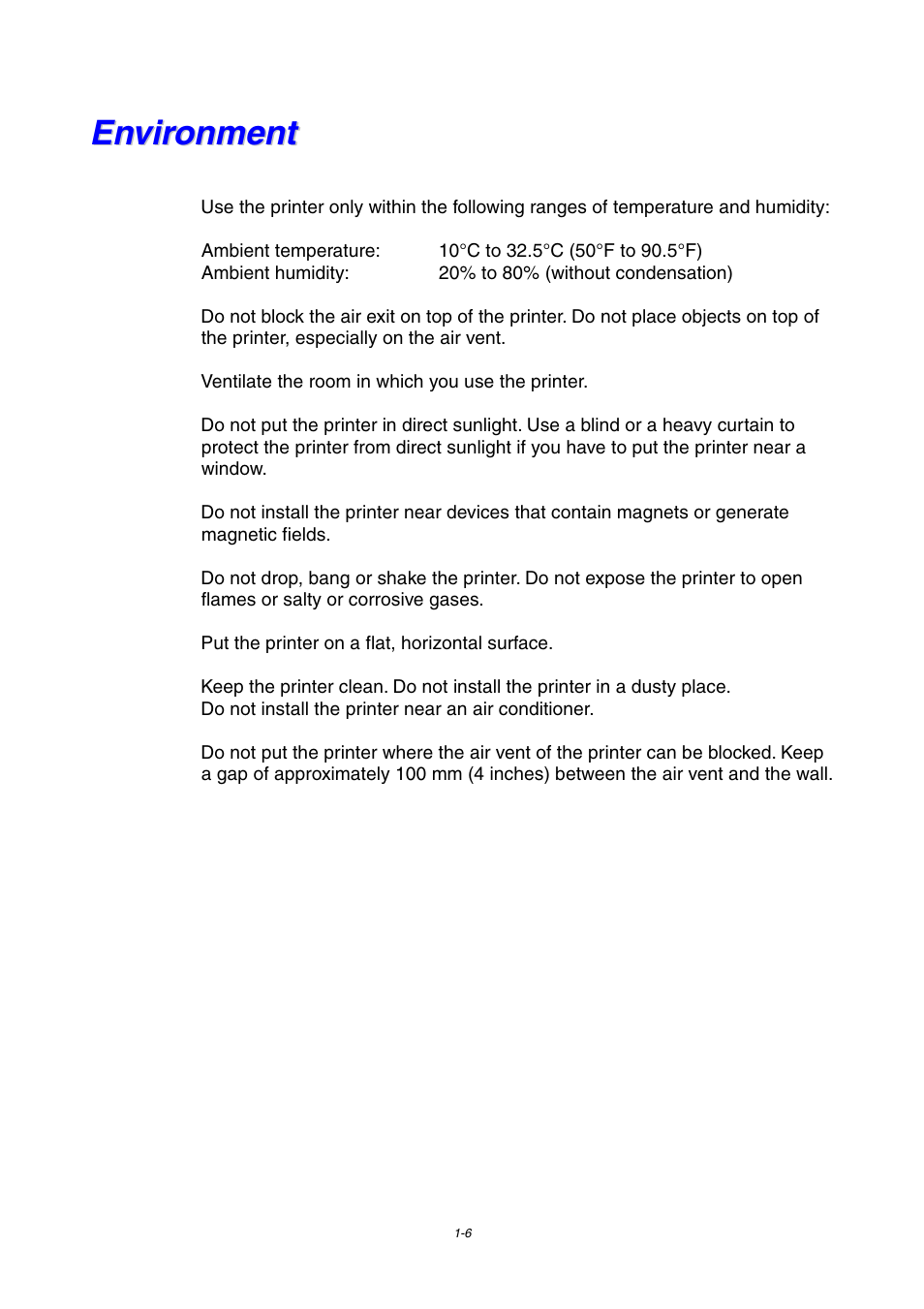 Environment, Environment -6 | Brother HL-1800 series User Manual | Page 16 / 204