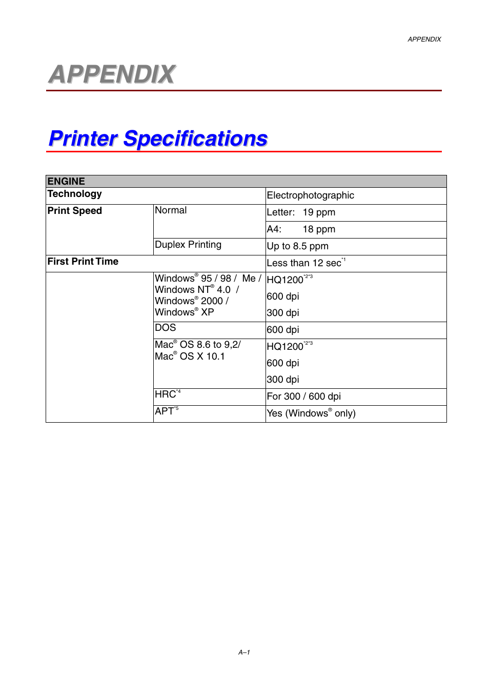 Appendix, Printer specifications | Brother HL-1800 series User Manual | Page 171 / 204