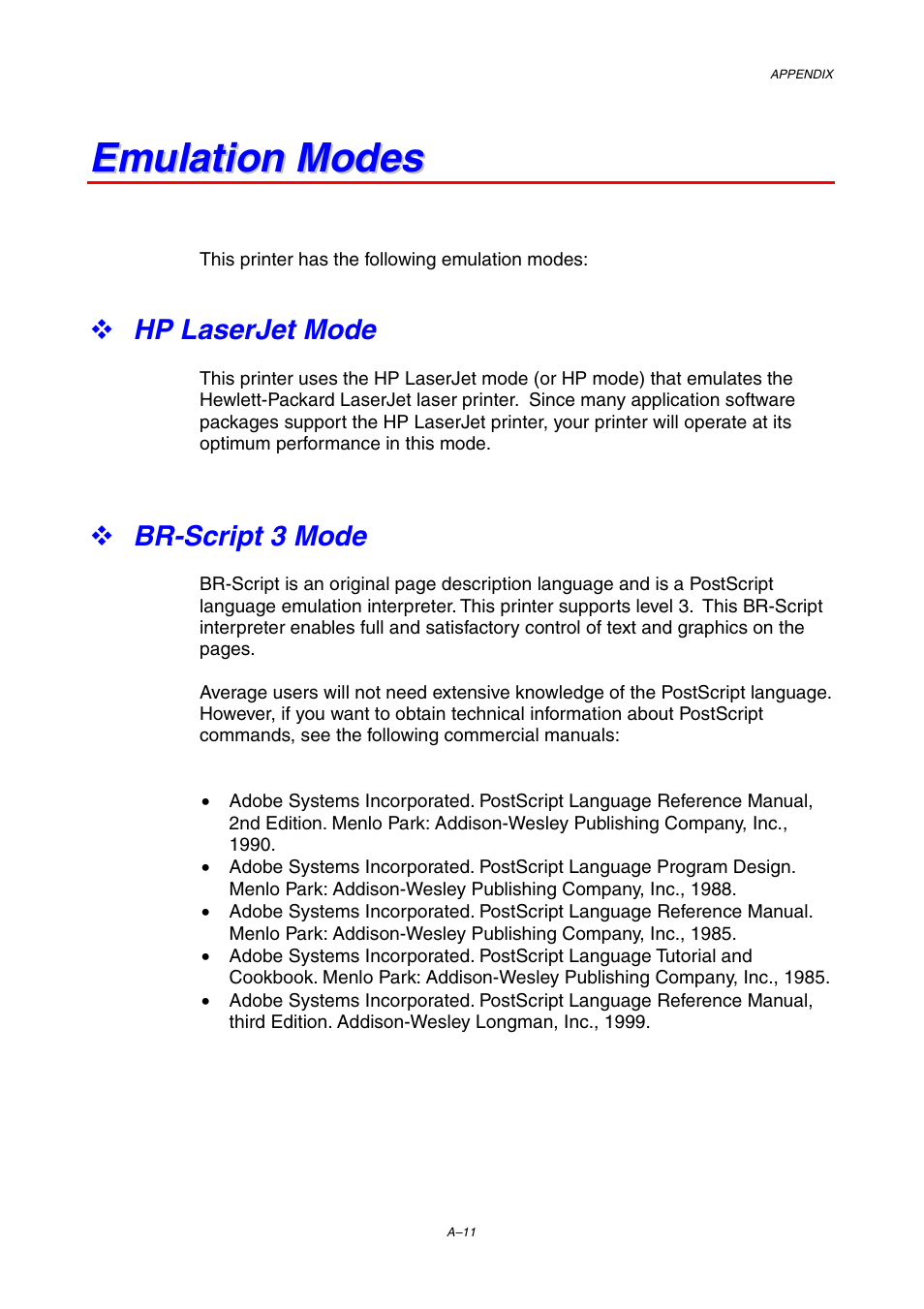 Emulation modes, Hp laserjet mode, Br-script 3 mode | Brother HL-1800 series User Manual | Page 181 / 204