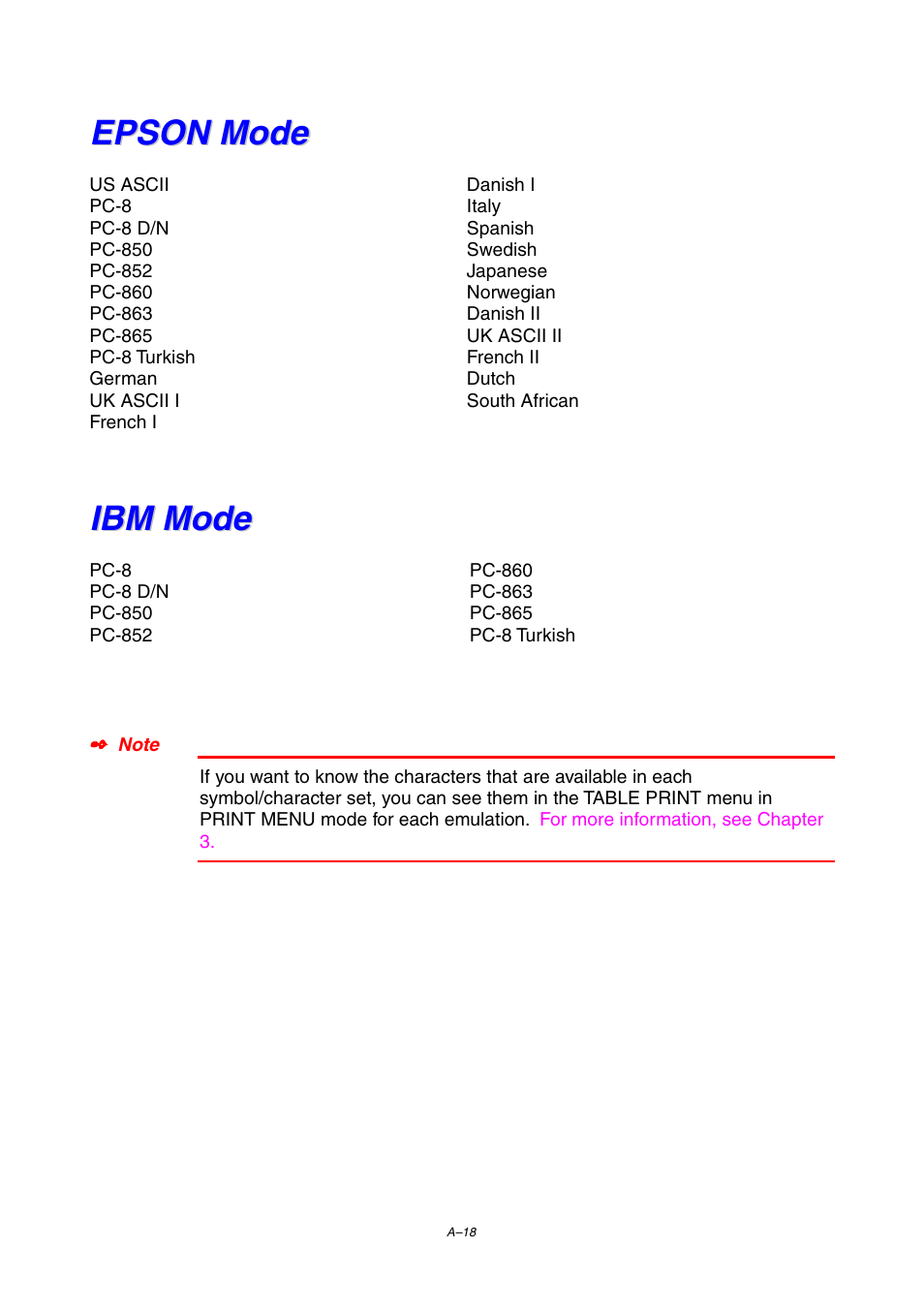 Epson mode, Ibm mode | Brother HL-1800 series User Manual | Page 188 / 204