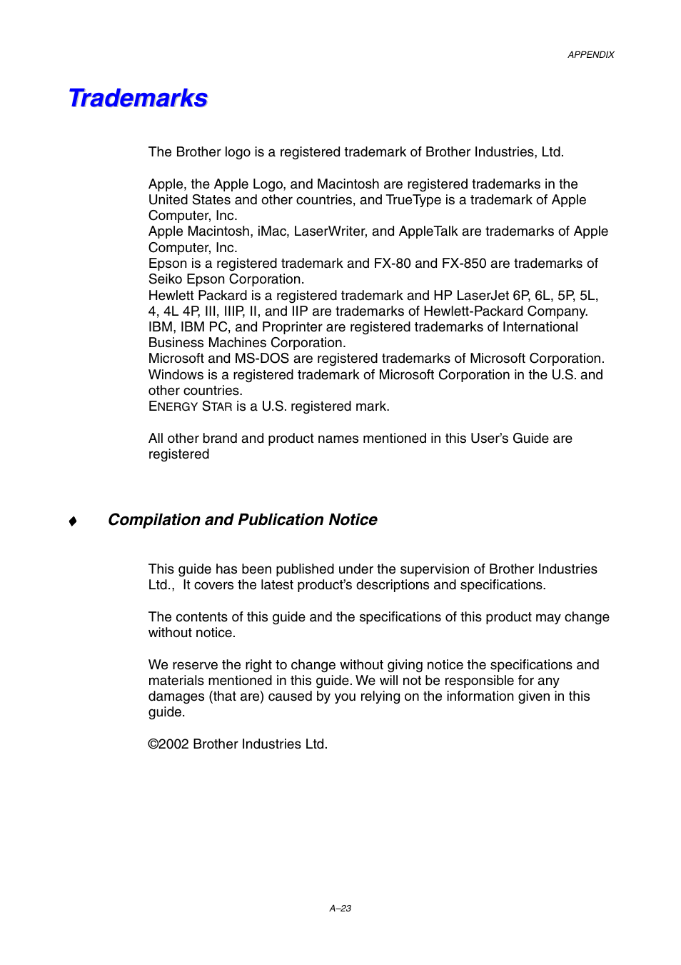 Trademarks | Brother HL-1800 series User Manual | Page 193 / 204