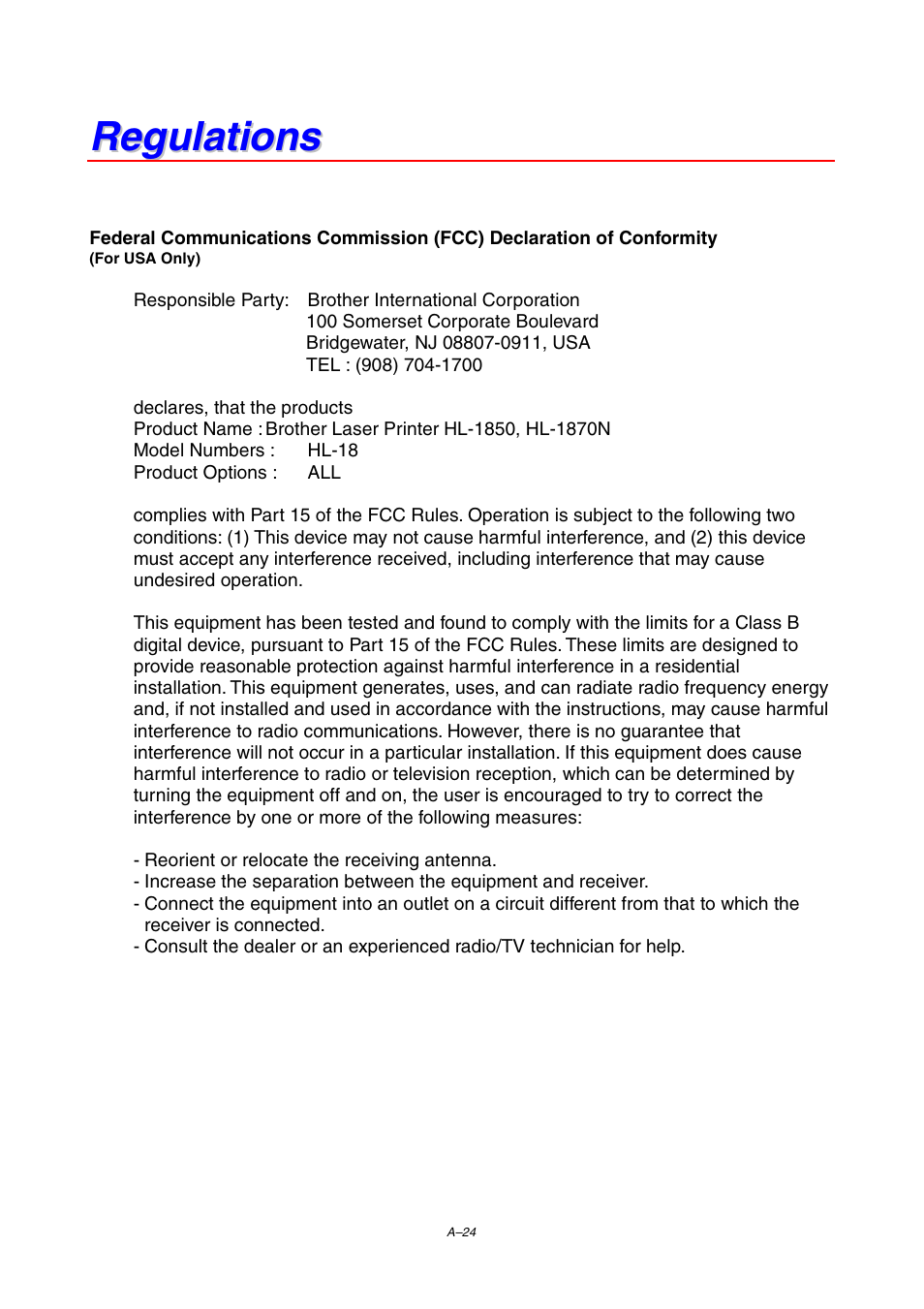 Regulations | Brother HL-1800 series User Manual | Page 194 / 204