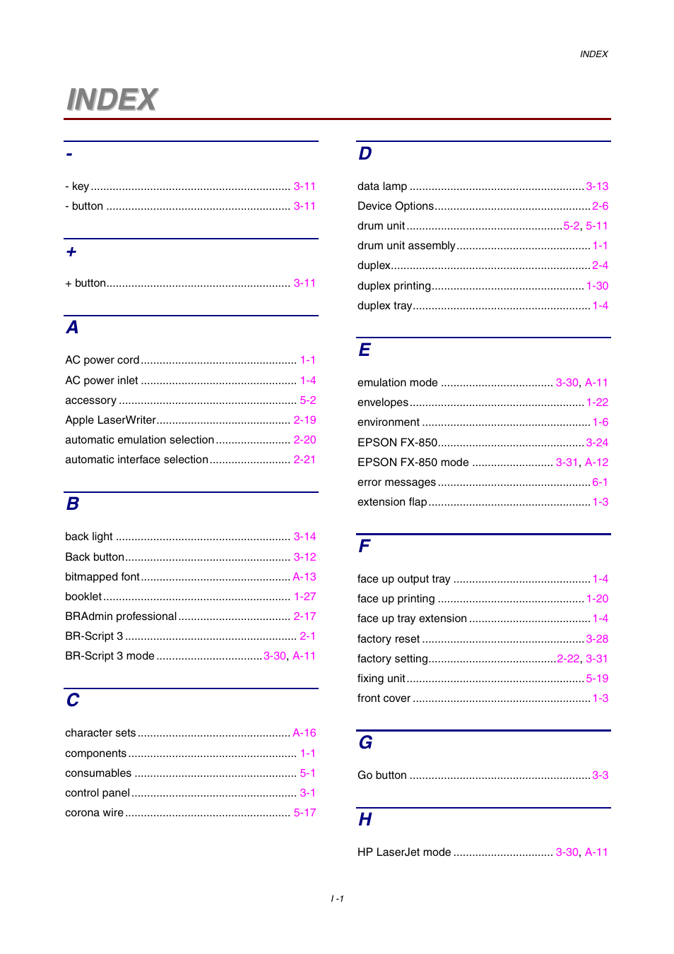 Index | Brother HL-1800 series User Manual | Page 202 / 204