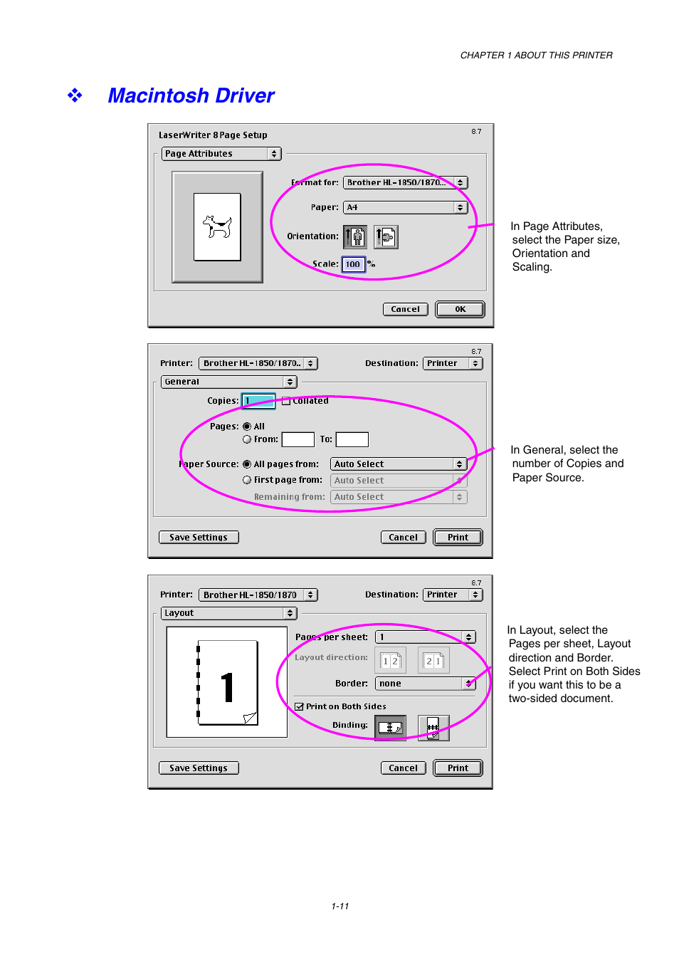 Macintosh driver, Macintosh driver -11 | Brother HL-1800 series User Manual | Page 21 / 204