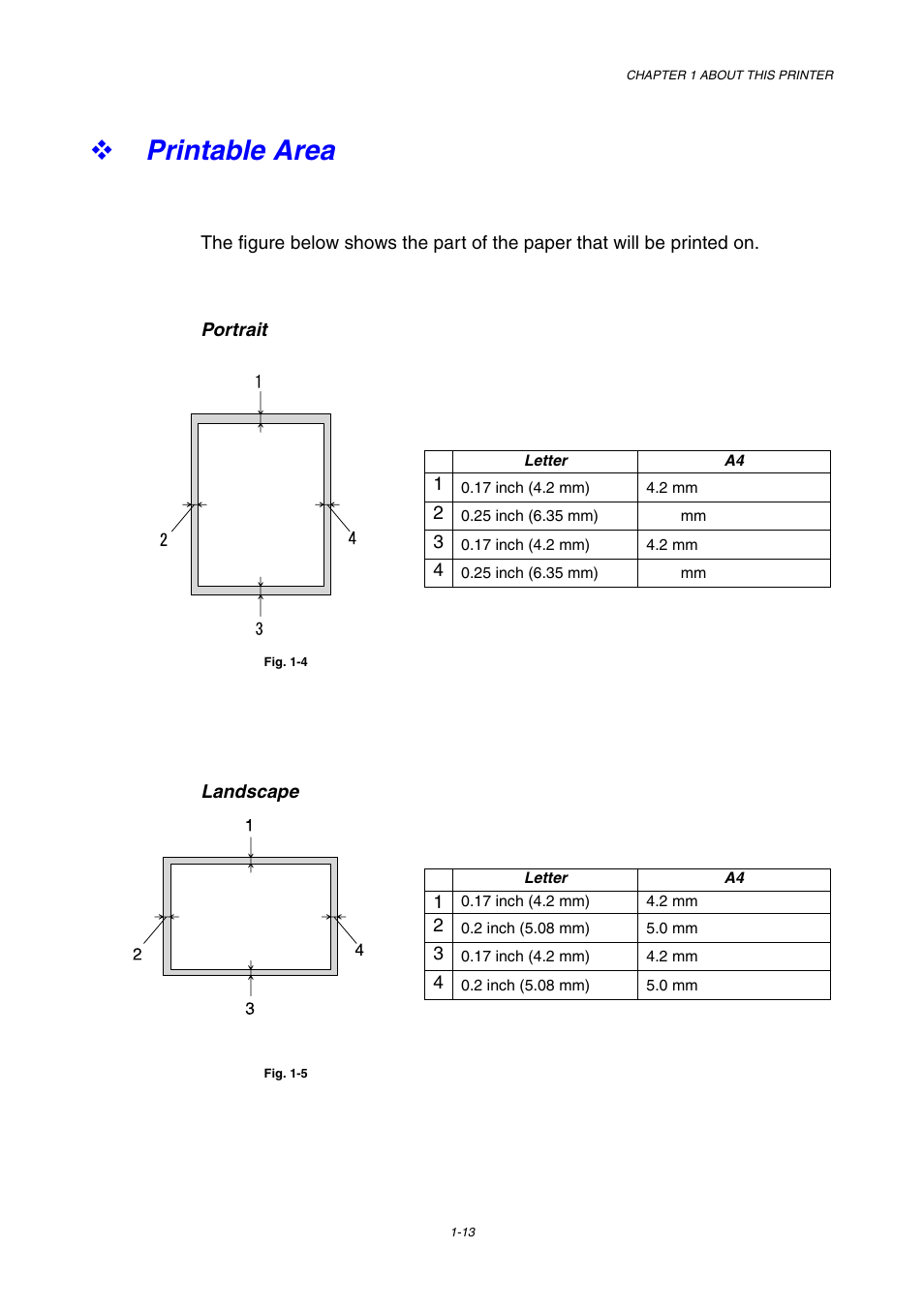 Printable area, Printable area -13 | Brother HL-1800 series User Manual | Page 23 / 204