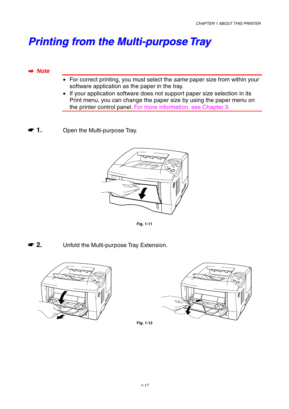 Printing from the multi-purpose tray, Printing from the multi-purpose tray -17 | Brother HL-1800 series User Manual | Page 27 / 204