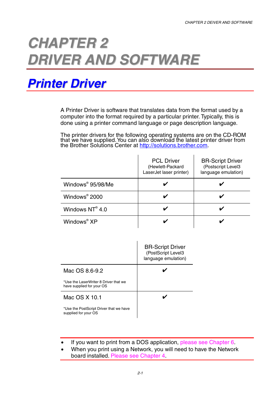 Chapter 2 driver and software, Printer driver, Printer driver -1 | Brother HL-1800 series User Manual | Page 47 / 204