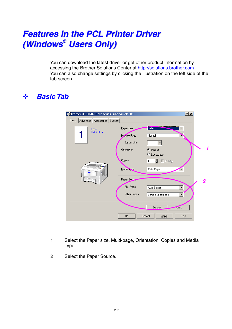 Basic tab, Features in the pcl printer driver (windows, Users only) -2 | Basic tab -2 | Brother HL-1800 series User Manual | Page 48 / 204