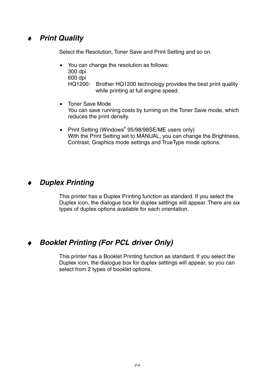 Print quality, Duplex printing, Booklet printing (for pcl driver only) | Brother HL-1800 series User Manual | Page 50 / 204