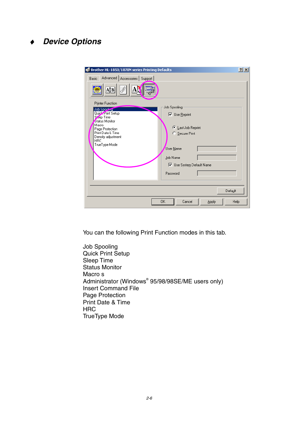 Device options | Brother HL-1800 series User Manual | Page 52 / 204