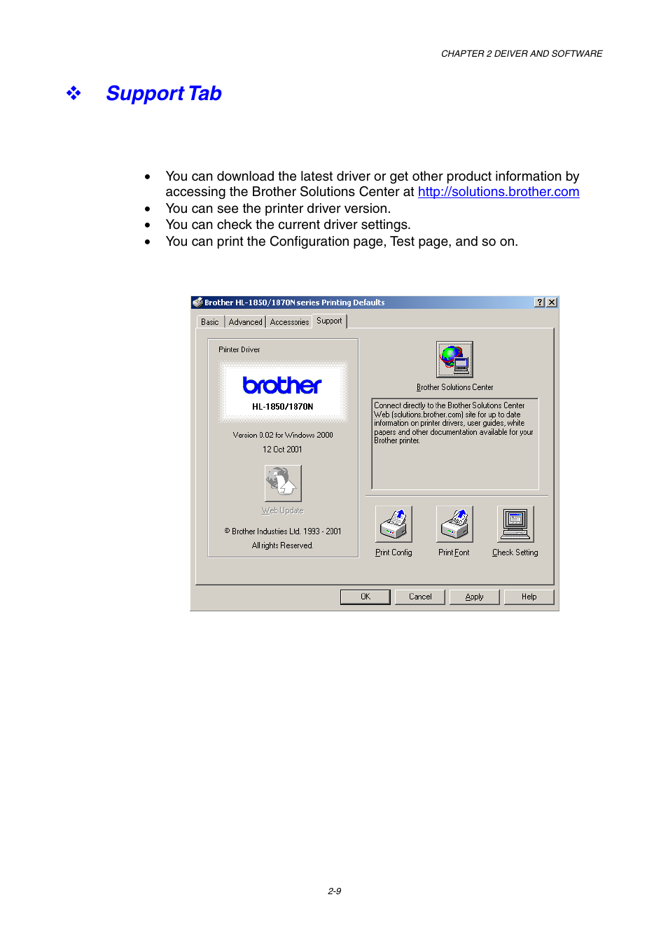 Support tab, Support tab -9 | Brother HL-1800 series User Manual | Page 55 / 204