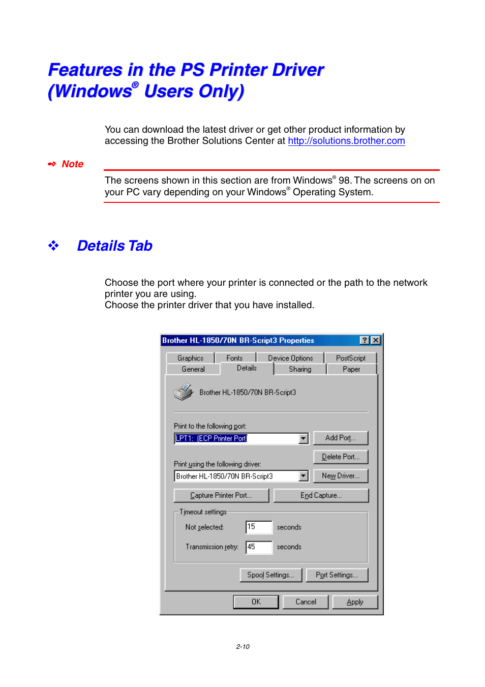 Details tab, Features in the ps printer driver (windows, Users only) -10 | Details tab -10 | Brother HL-1800 series User Manual | Page 56 / 204
