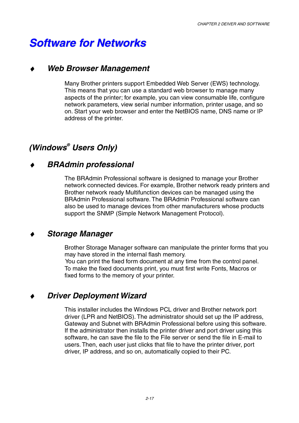 Software for networks, Software for networks -17 | Brother HL-1800 series User Manual | Page 63 / 204