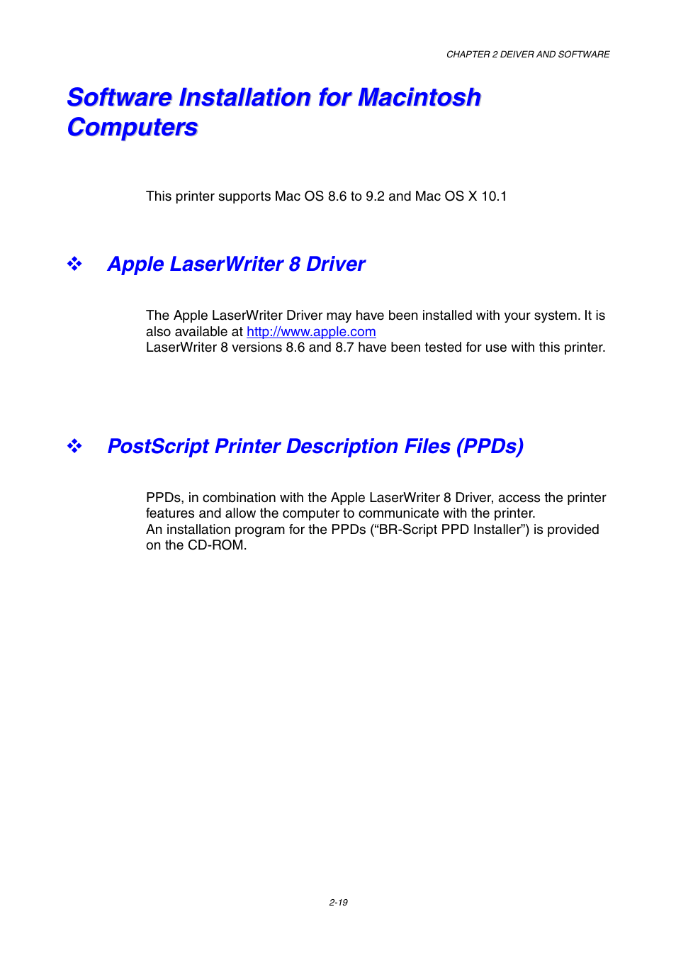 Software installation for macintosh computers, Apple laserwriter 8 driver, Postscript printer description files (ppds) | Software installation for macintosh computers -19, Apple laserwriter 8 driver -19, Postscript printer description files (ppds) -19 | Brother HL-1800 series User Manual | Page 65 / 204