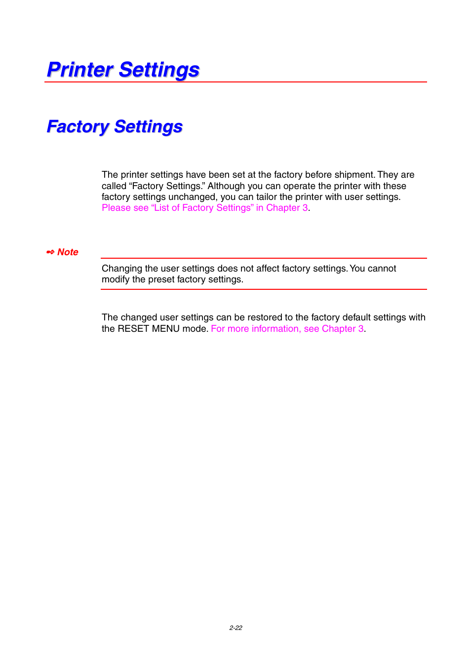 Printer settings, Factory settings, Printer settings -22 | Factory settings -22 | Brother HL-1800 series User Manual | Page 68 / 204