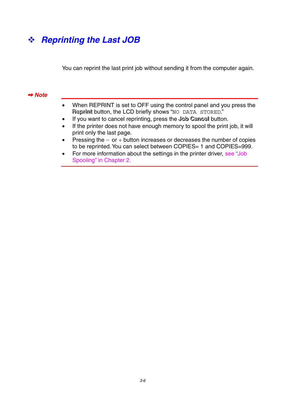 Reprinting the last job, Reprinting the last job -6 | Brother HL-1800 series User Manual | Page 74 / 204