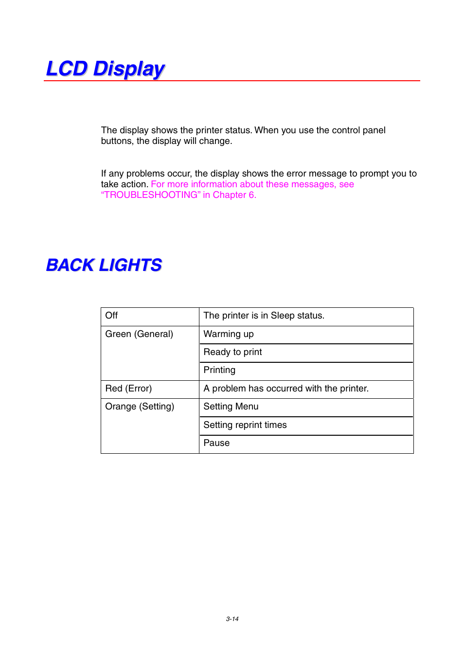 Lcd display, Back lights, Lcd display -14 | Back lights -14 | Brother HL-1800 series User Manual | Page 82 / 204