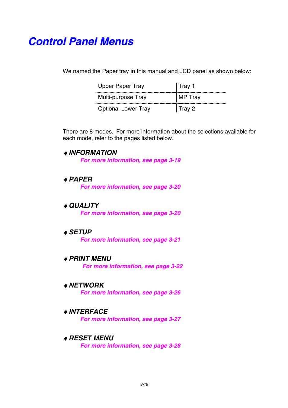 Control panel menus, Control panel menus -18 | Brother HL-1800 series User Manual | Page 86 / 204